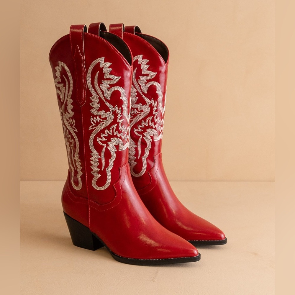 Contrast Embroidered Leather Western Boots - Oasis Society - Picture 1 of 5